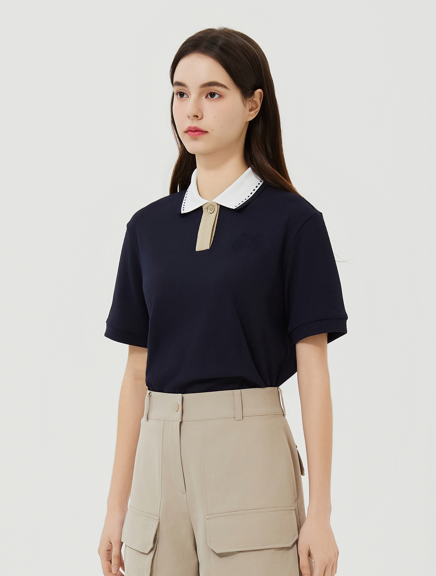 Collar Color Matching Crop Shirts_Navy (QW0EKS21049)
