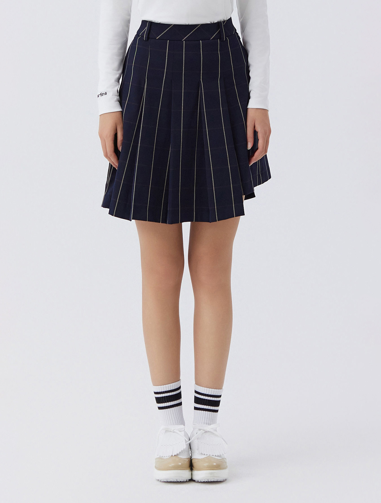 Unbalance Pleats Mid Skirts_NAVY (QW0ECU30449)