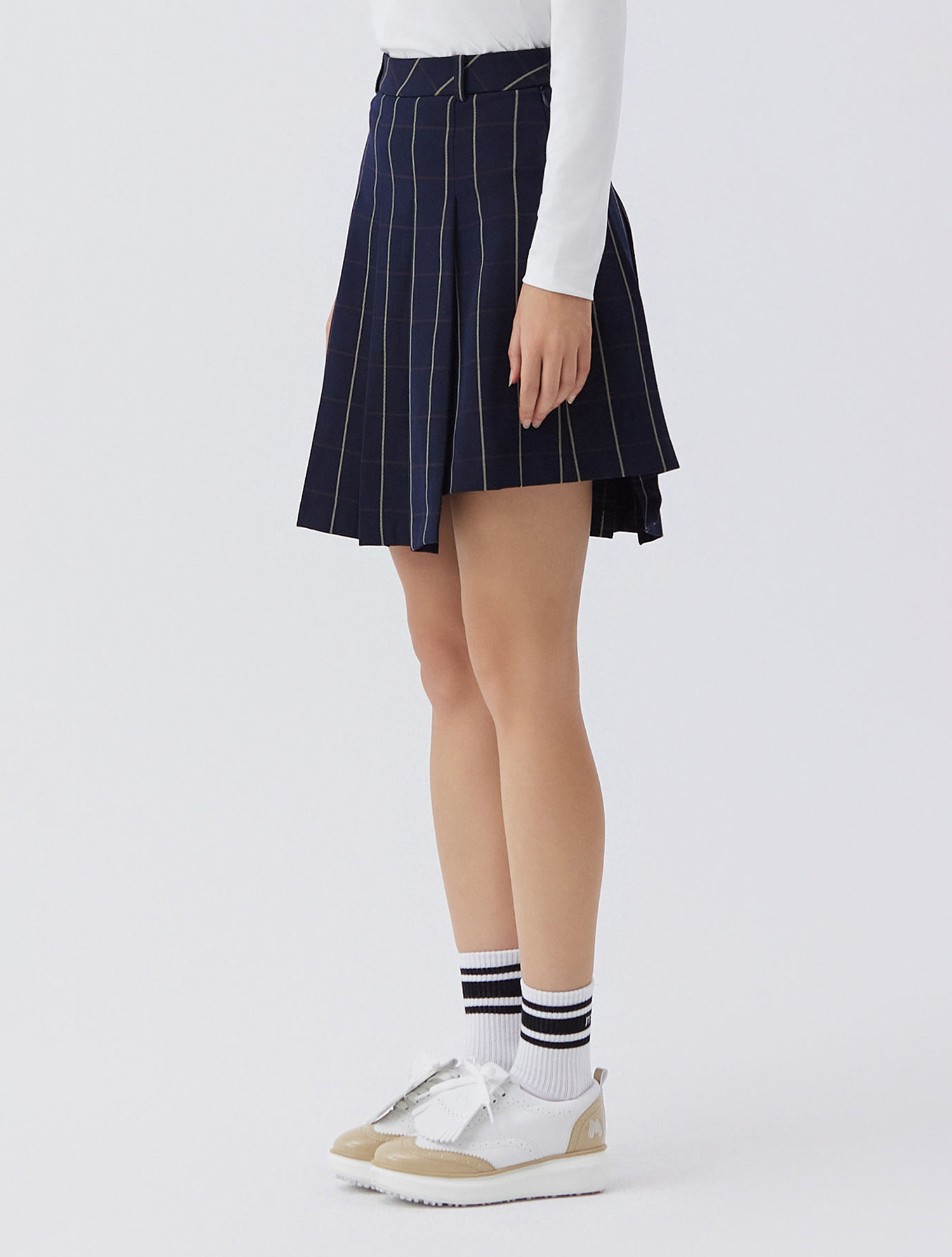 Unbalance Pleats Mid Skirts_NAVY (QW0ECU30449)