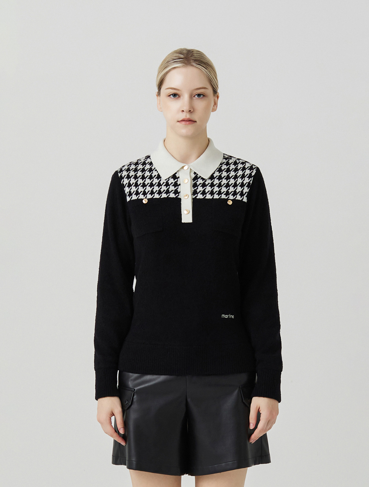 Hound Tooth Polo Neck Knit_BLACK (QW0ENI40539)