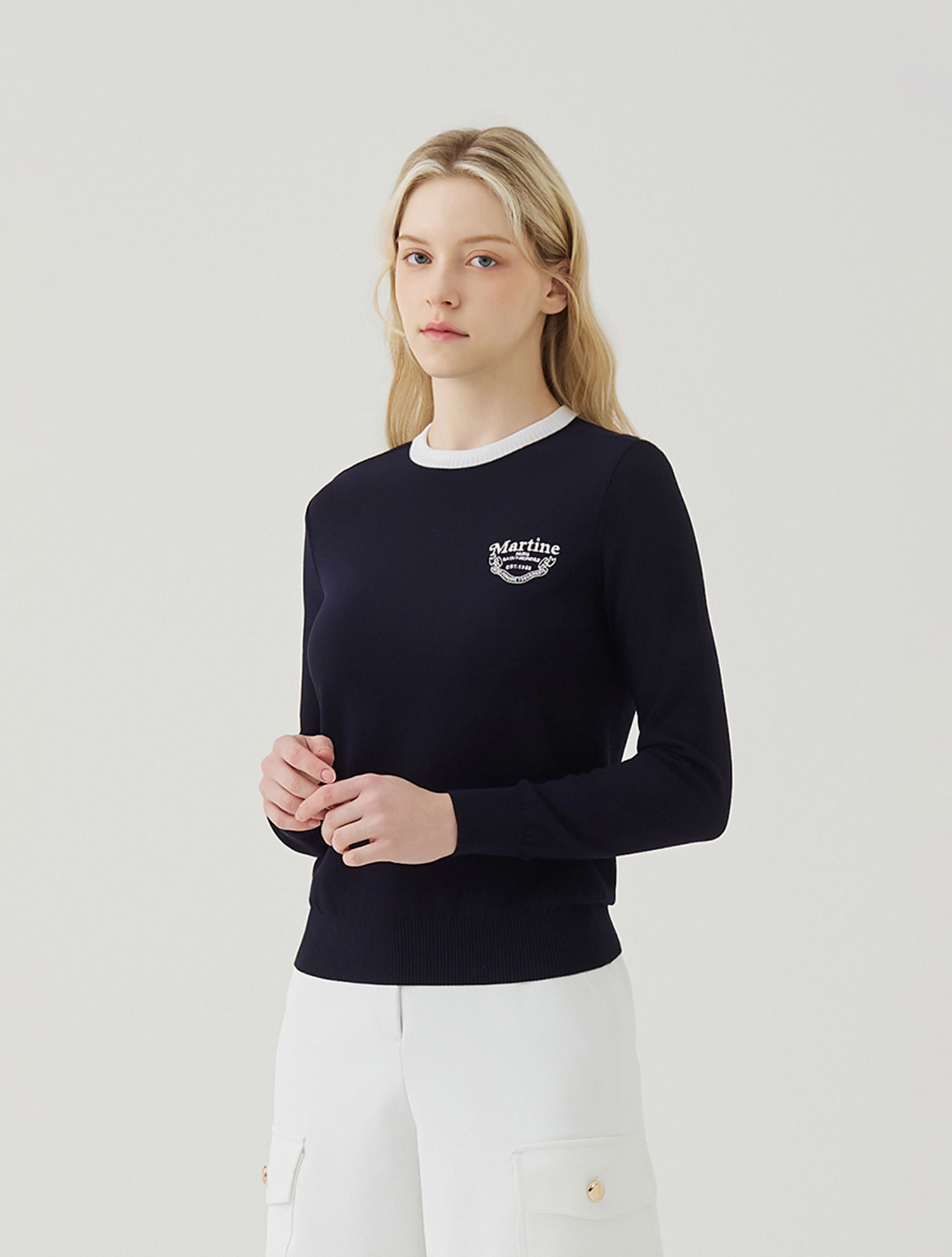 Round Lecture Long Sleeved Knit_NAVY (QW0FTSR10449)