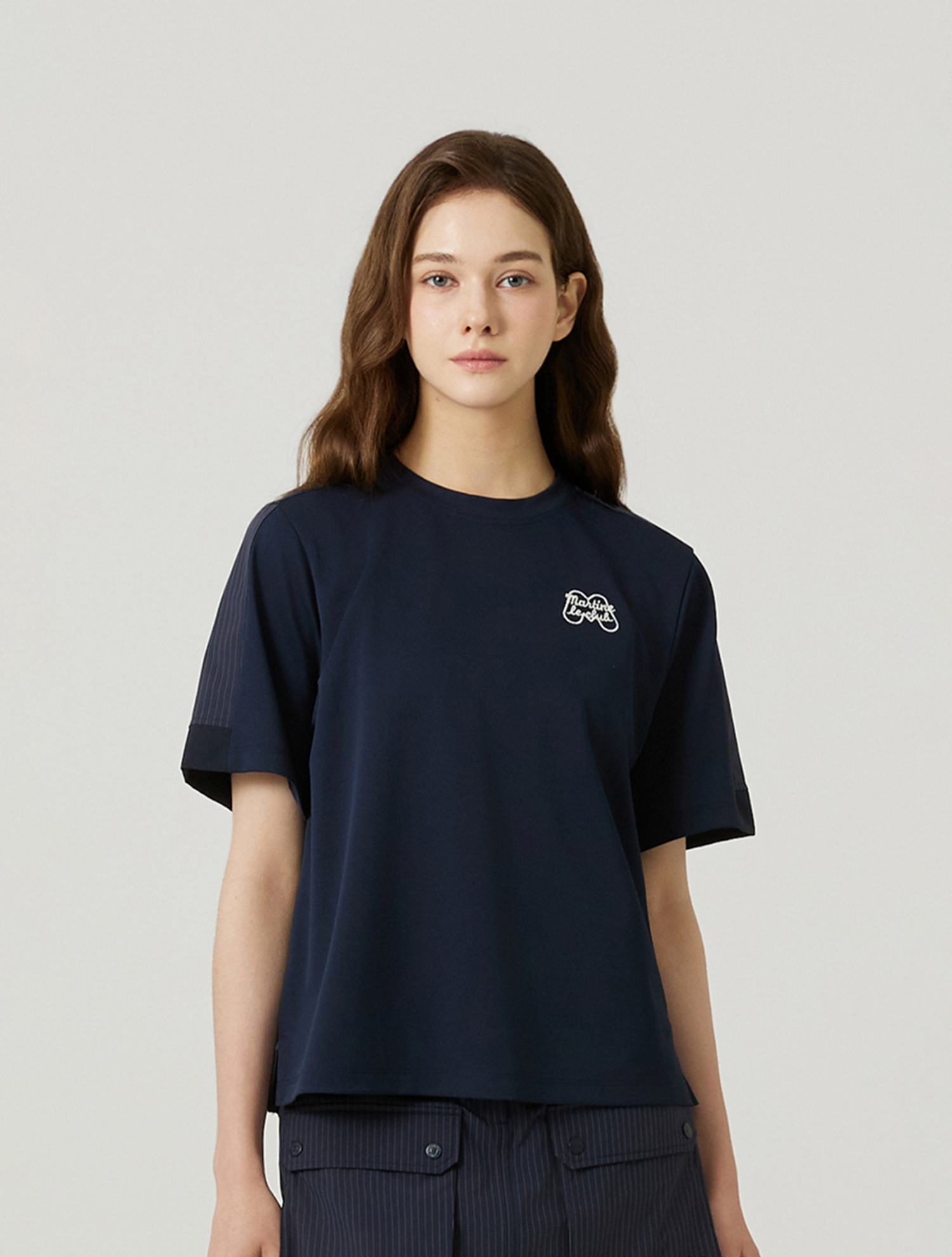 Stripe Woven Mix T-shirts_NAVY (QW0FTTR21349)
