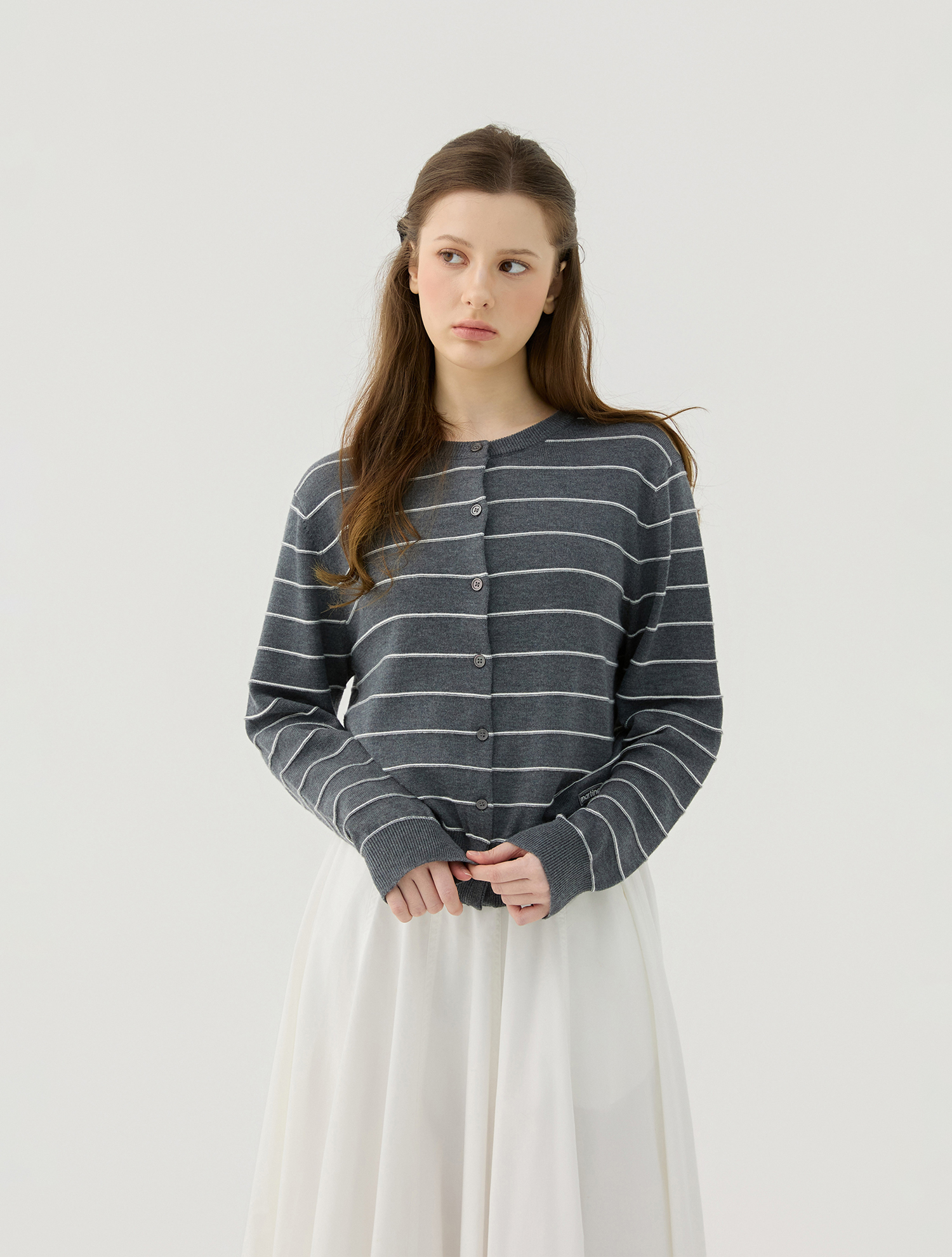 Soft Line Stripe Knit Cardigan_CHARCOAL (QW0GTSC10138)